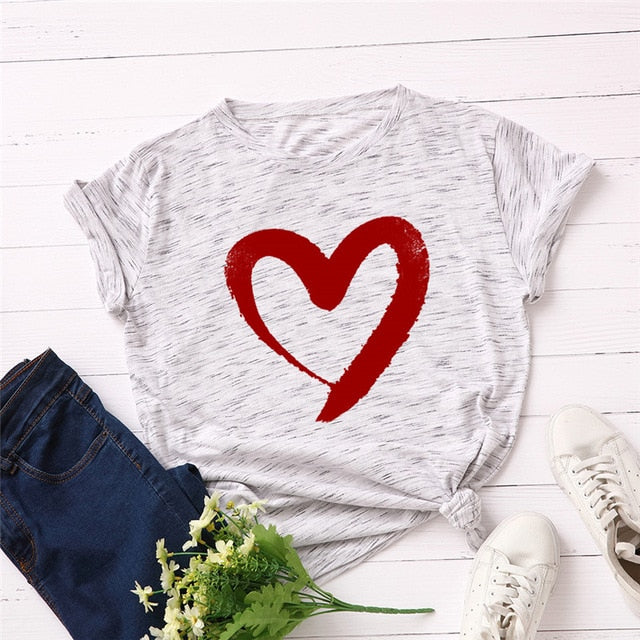Plus Size S-5XL New Heart Print T Shirt Women 100% Cotton O Neck Short Sleeve Summer T-Shirt Tops Casual Tshirt women shirts