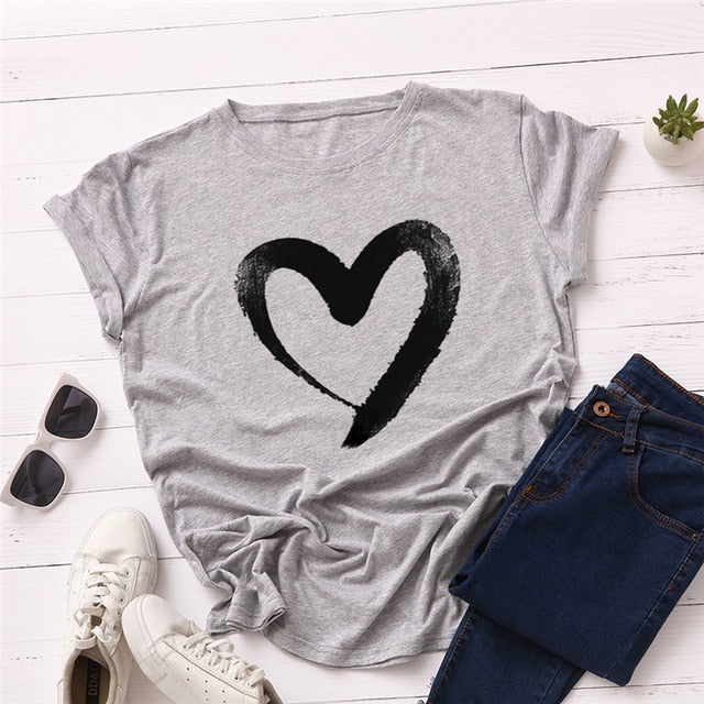 Plus Size S-5XL New Heart Print T Shirt Women 100% Cotton O Neck Short Sleeve Summer T-Shirt Tops Casual Tshirt women shirts