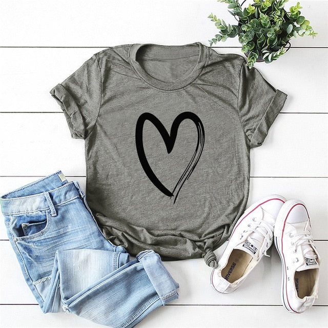 Plus Size S-5XL New Heart Print T Shirt Women 100% Cotton O Neck Short Sleeve Summer T-Shirt Tops Casual Tshirt women shirts