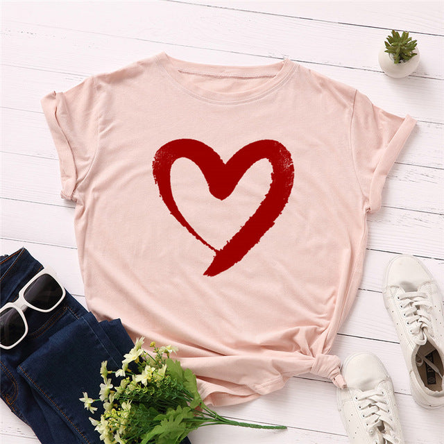 Plus Size S-5XL New Heart Print T Shirt Women 100% Cotton O Neck Short Sleeve Summer T-Shirt Tops Casual Tshirt women shirts