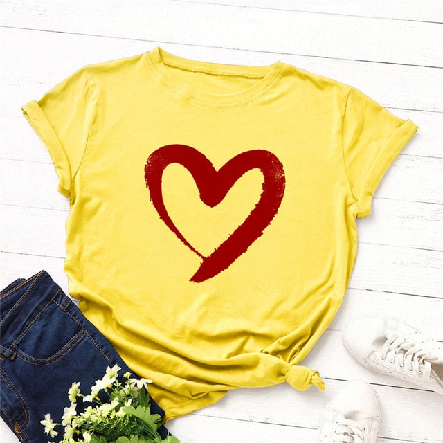 Plus Size S-5XL New Heart Print T Shirt Women 100% Cotton O Neck Short Sleeve Summer T-Shirt Tops Casual Tshirt women shirts