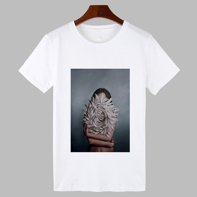 2019 Sexy Flowers Feather Print Harajuku T shirt Women Fashion Tshirt O-neck Short Sleeve T-shirt White Tops Female Clothing