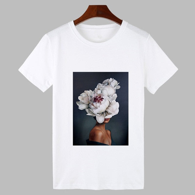 2019 Sexy Flowers Feather Print Harajuku T shirt Women Fashion Tshirt O-neck Short Sleeve T-shirt White Tops Female Clothing
