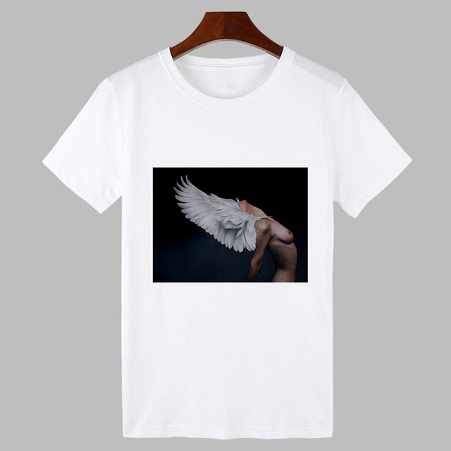 2019 Sexy Flowers Feather Print Harajuku T shirt Women Fashion Tshirt O-neck Short Sleeve T-shirt White Tops Female Clothing