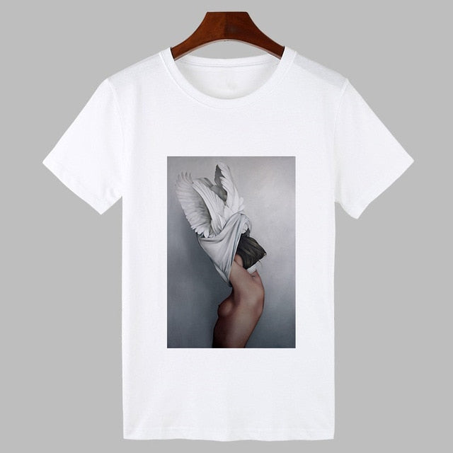 2019 Sexy Flowers Feather Print Harajuku T shirt Women Fashion Tshirt O-neck Short Sleeve T-shirt White Tops Female Clothing