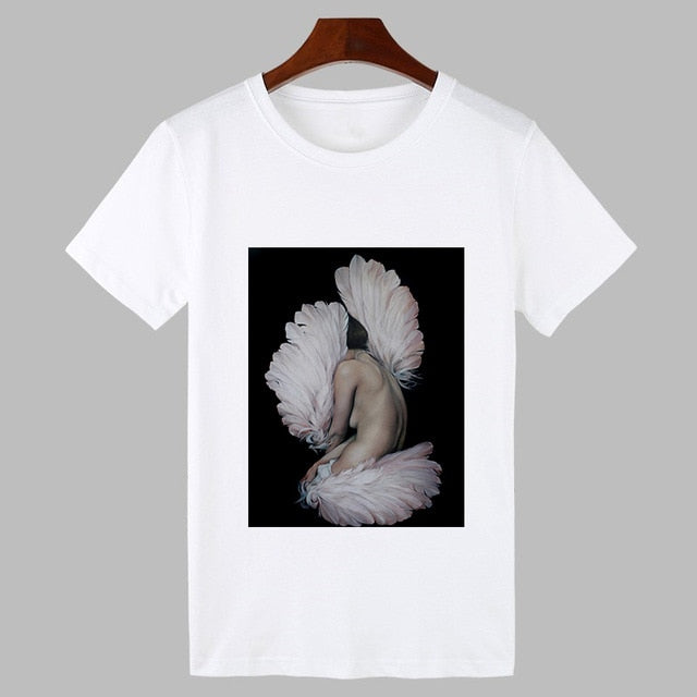 2019 Sexy Flowers Feather Print Harajuku T shirt Women Fashion Tshirt O-neck Short Sleeve T-shirt White Tops Female Clothing