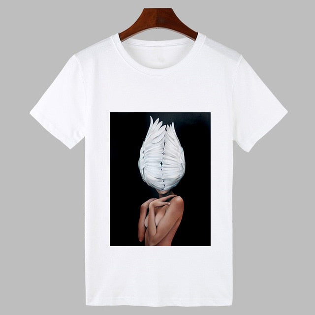 2019 Sexy Flowers Feather Print Harajuku T shirt Women Fashion Tshirt O-neck Short Sleeve T-shirt White Tops Female Clothing