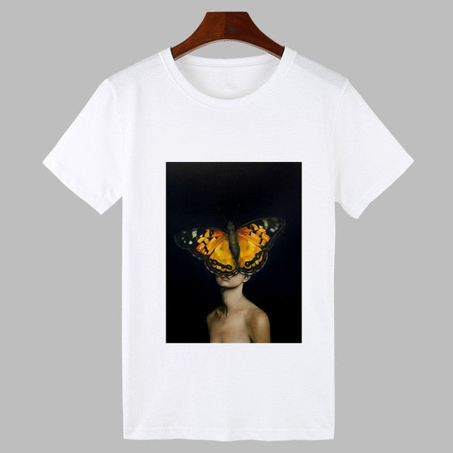 2019 Sexy Flowers Feather Print Harajuku T shirt Women Fashion Tshirt O-neck Short Sleeve T-shirt White Tops Female Clothing