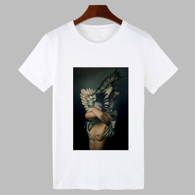 2019 Sexy Flowers Feather Print Harajuku T shirt Women Fashion Tshirt O-neck Short Sleeve T-shirt White Tops Female Clothing