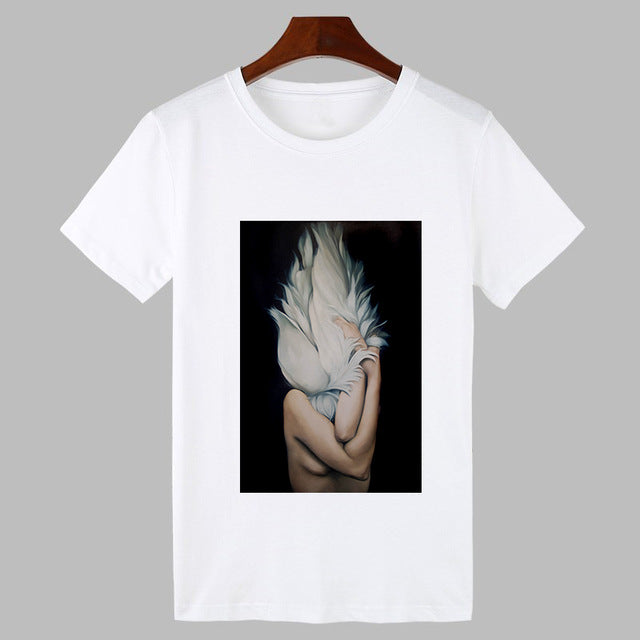 2019 Sexy Flowers Feather Print Harajuku T shirt Women Fashion Tshirt O-neck Short Sleeve T-shirt White Tops Female Clothing