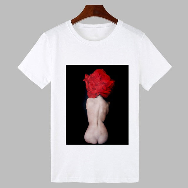 2019 Sexy Flowers Feather Print Harajuku T shirt Women Fashion Tshirt O-neck Short Sleeve T-shirt White Tops Female Clothing