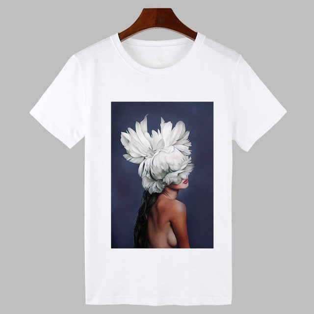 2019 Sexy Flowers Feather Print Harajuku T shirt Women Fashion Tshirt O-neck Short Sleeve T-shirt White Tops Female Clothing