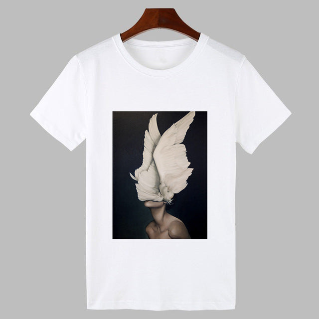 2019 Sexy Flowers Feather Print Harajuku T shirt Women Fashion Tshirt O-neck Short Sleeve T-shirt White Tops Female Clothing