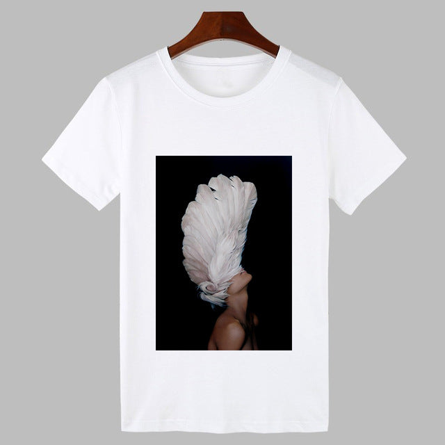 2019 Sexy Flowers Feather Print Harajuku T shirt Women Fashion Tshirt O-neck Short Sleeve T-shirt White Tops Female Clothing