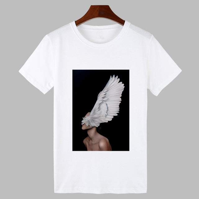 2019 Sexy Flowers Feather Print Harajuku T shirt Women Fashion Tshirt O-neck Short Sleeve T-shirt White Tops Female Clothing