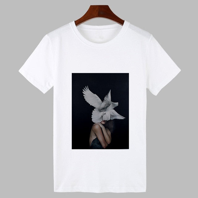 2019 Sexy Flowers Feather Print Harajuku T shirt Women Fashion Tshirt O-neck Short Sleeve T-shirt White Tops Female Clothing