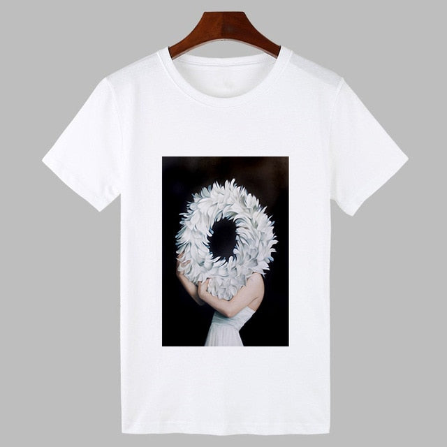 2019 Sexy Flowers Feather Print Harajuku T shirt Women Fashion Tshirt O-neck Short Sleeve T-shirt White Tops Female Clothing