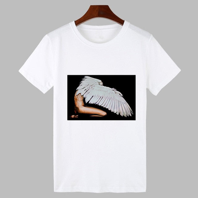 2019 Sexy Flowers Feather Print Harajuku T shirt Women Fashion Tshirt O-neck Short Sleeve T-shirt White Tops Female Clothing