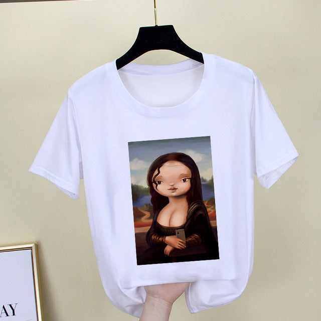 Mona Lisa T shirt Women spoof personality fashion Tshirt summer 2019 Harajuku aesthetics Short Sleeve White Tops Female T-shirt