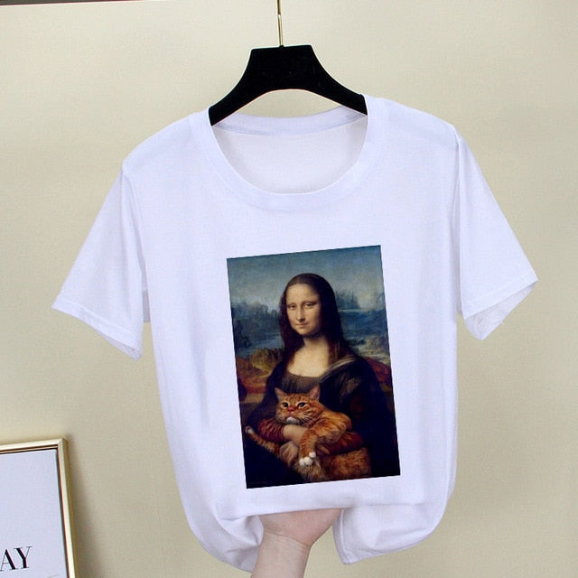 Mona Lisa T shirt Women spoof personality fashion Tshirt summer 2019 Harajuku aesthetics Short Sleeve White Tops Female T-shirt