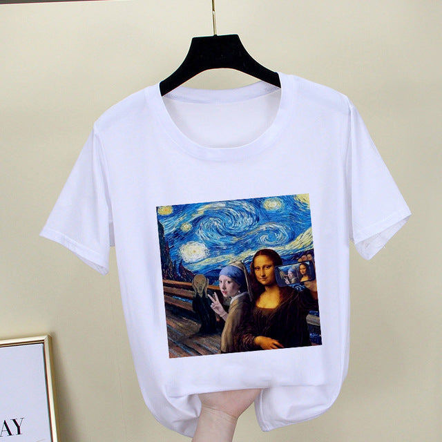 Mona Lisa T shirt Women spoof personality fashion Tshirt summer 2019 Harajuku aesthetics Short Sleeve White Tops Female T-shirt