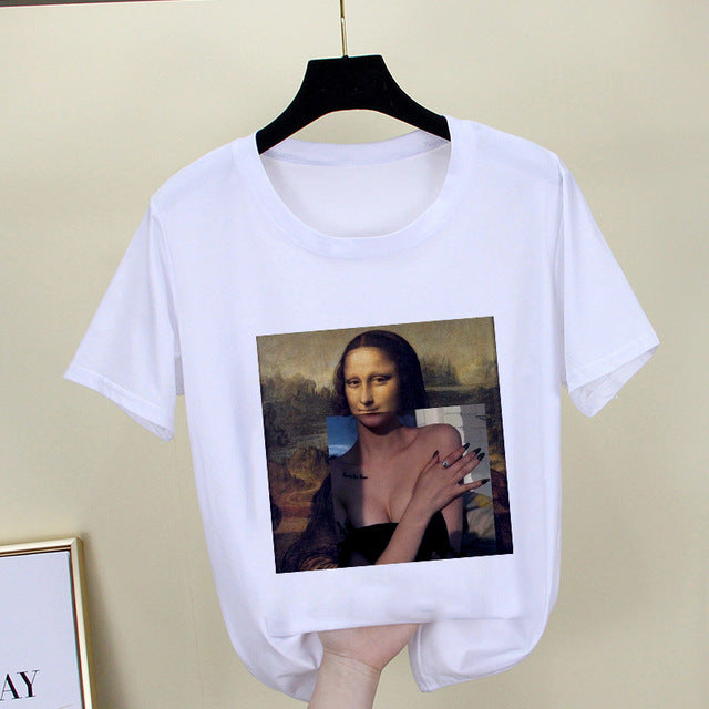 Mona Lisa T shirt Women spoof personality fashion Tshirt summer 2019 Harajuku aesthetics Short Sleeve White Tops Female T-shirt