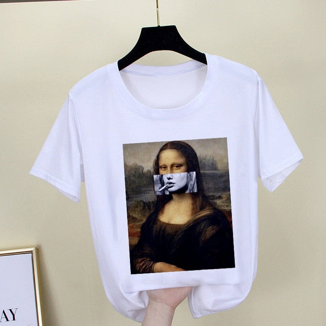 Mona Lisa T shirt Women spoof personality fashion Tshirt summer 2019 Harajuku aesthetics Short Sleeve White Tops Female T-shirt