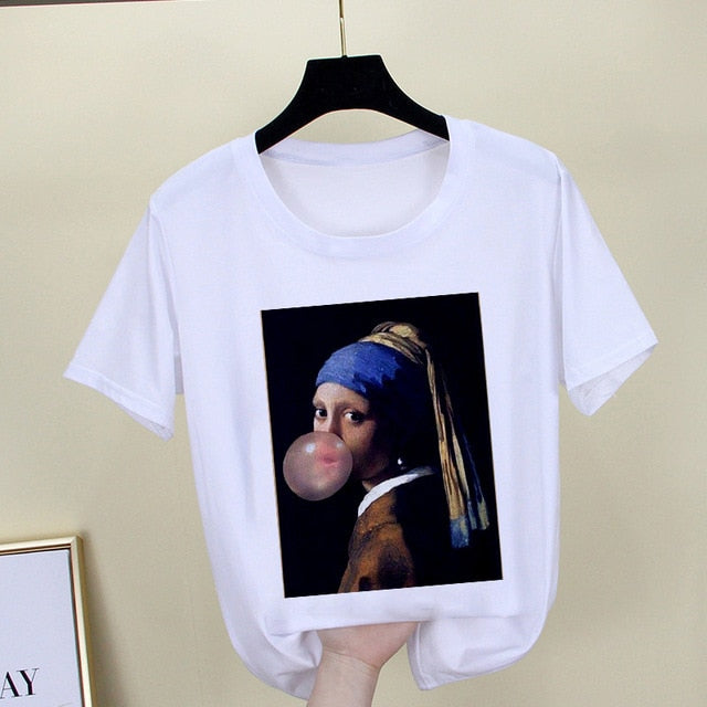 Mona Lisa T shirt Women spoof personality fashion Tshirt summer 2019 Harajuku aesthetics Short Sleeve White Tops Female T-shirt