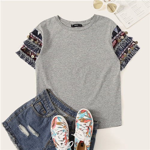 SHEIN Folk Style Fringe Trim Heathered Tee Casual T Shirt Women 2019 Summer Short Sleeve Stretchy Boho Cute Tshirt Tops