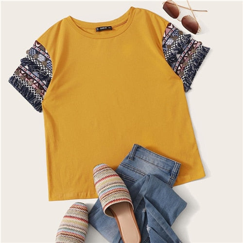 SHEIN Folk Style Fringe Trim Heathered Tee Casual T Shirt Women 2019 Summer Short Sleeve Stretchy Boho Cute Tshirt Tops