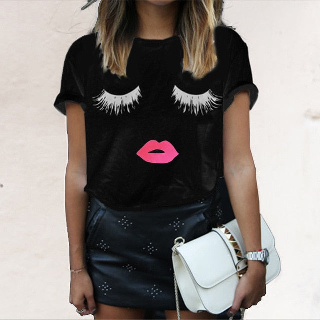 T shirt women 2019 new arrival women's clothing printing short sleeve T-shirt eyelash + red lip design tshirt vestidosLX1005