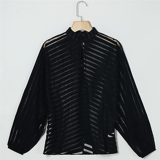 New Fashion Women's O Neck Long Sleeve Hollow Out T Shirt Sheer Mesh Striped Tee Shirt Ladies Sexy Loose Black Tops Summer
