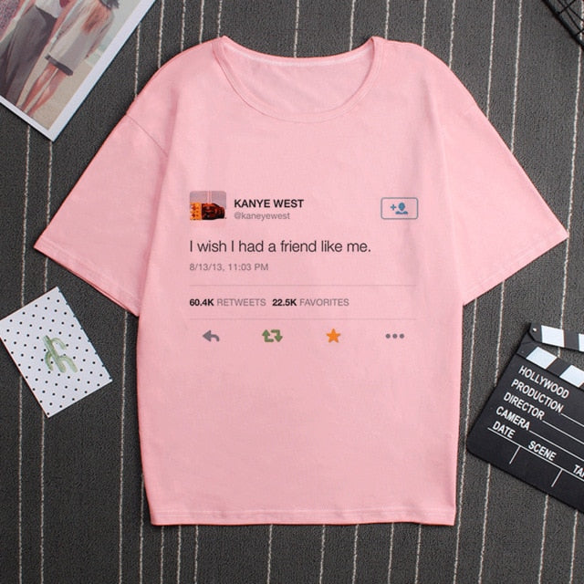 Summer New Wish I Had A Friend Like Me Letter Print Gray Tshirt Large Size Loose Vogue Funny Harajuku Japanese T Shirt Women Top