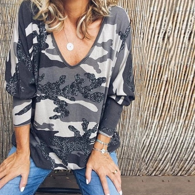 Taniafa 2019 New Fashion Women V Neck Long Sleeve T Shirts Casual Autumn Camouflage Print Loose Tops Shirts Plus Size