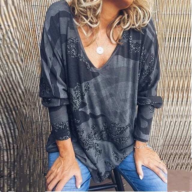 Taniafa 2019 New Fashion Women V Neck Long Sleeve T Shirts Casual Autumn Camouflage Print Loose Tops Shirts Plus Size
