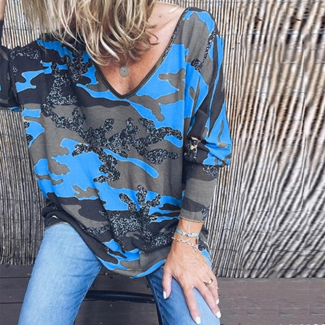 Taniafa 2019 New Fashion Women V Neck Long Sleeve T Shirts Casual Autumn Camouflage Print Loose Tops Shirts Plus Size