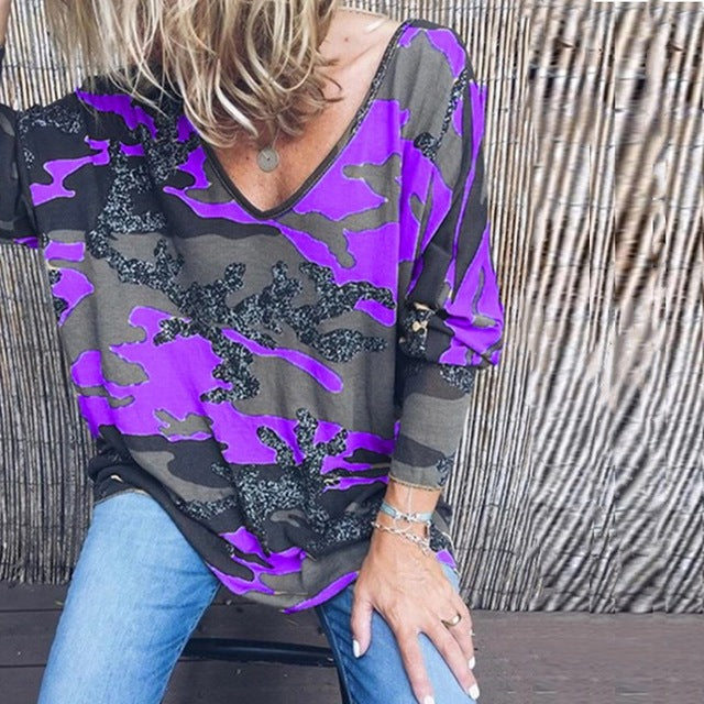 Taniafa 2019 New Fashion Women V Neck Long Sleeve T Shirts Casual Autumn Camouflage Print Loose Tops Shirts Plus Size