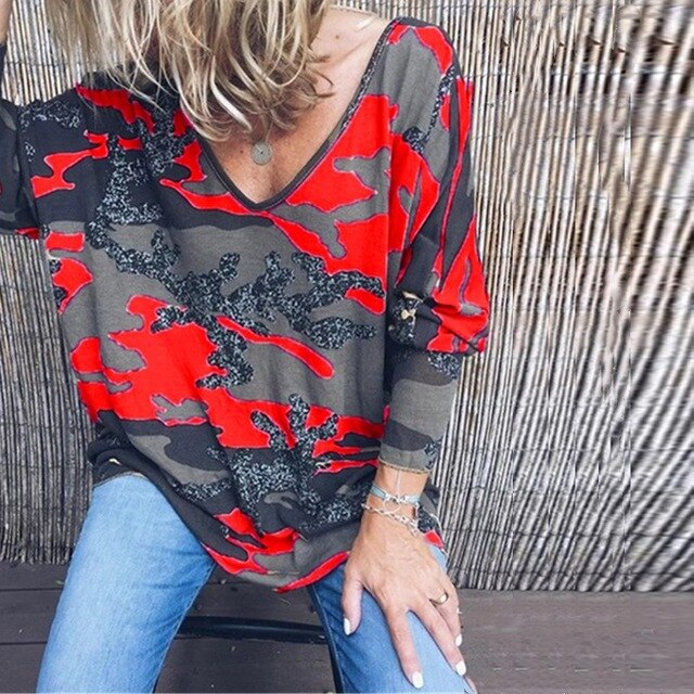 Taniafa 2019 New Fashion Women V Neck Long Sleeve T Shirts Casual Autumn Camouflage Print Loose Tops Shirts Plus Size