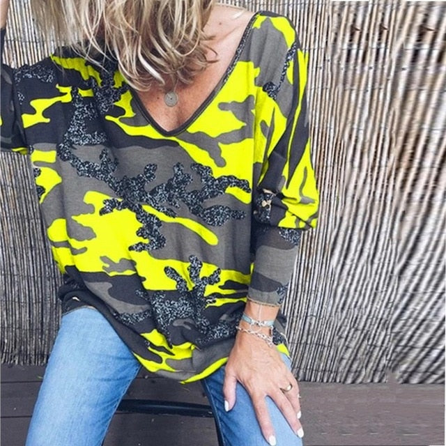 Taniafa 2019 New Fashion Women V Neck Long Sleeve T Shirts Casual Autumn Camouflage Print Loose Tops Shirts Plus Size