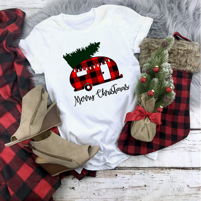 Plaid Merry Christmas T Shirt Women Fashion Graphic Cute Tee Kawaii TShirt Fashion Hipster Christmas Party Style Tumblr Shirt