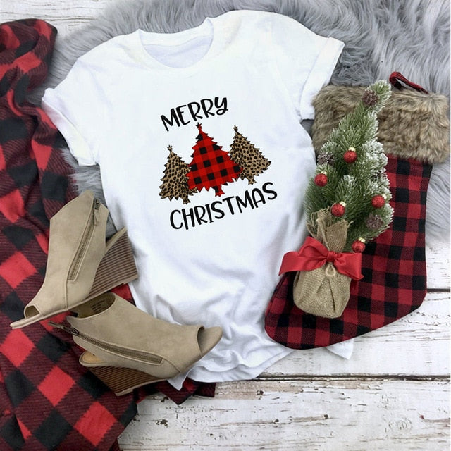 Plaid Merry Christmas T Shirt Women Fashion Graphic Cute Tee Kawaii TShirt Fashion Hipster Christmas Party Style Tumblr Shirt