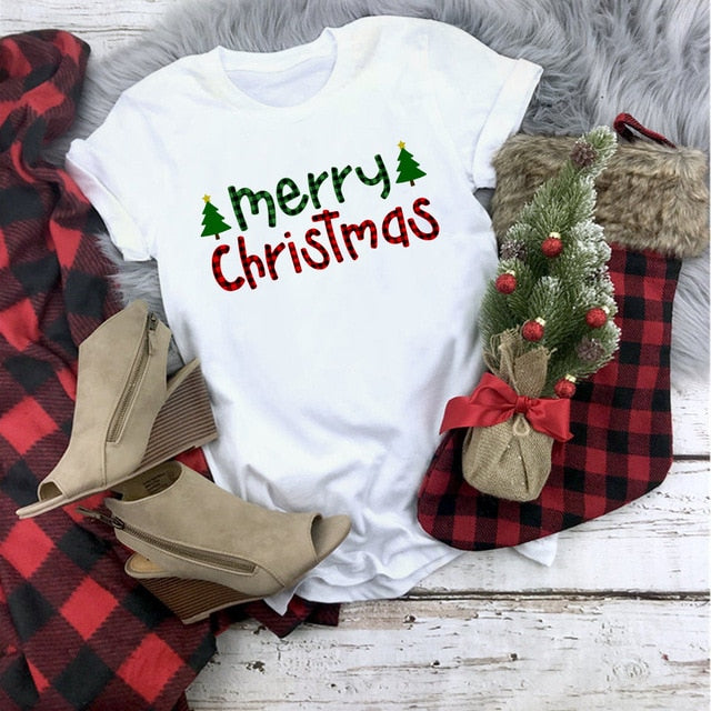 Plaid Merry Christmas T Shirt Women Fashion Graphic Cute Tee Kawaii TShirt Fashion Hipster Christmas Party Style Tumblr Shirt