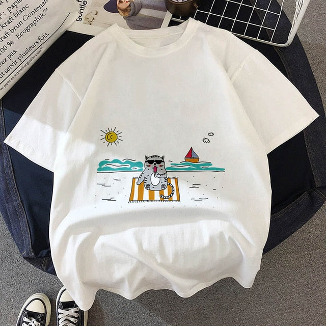 Kawaii Fat cat t shirt women 2019 New summer cute fashion Short Sleeve t-shirt White Thin section Hipster Tshirt Tops clothing