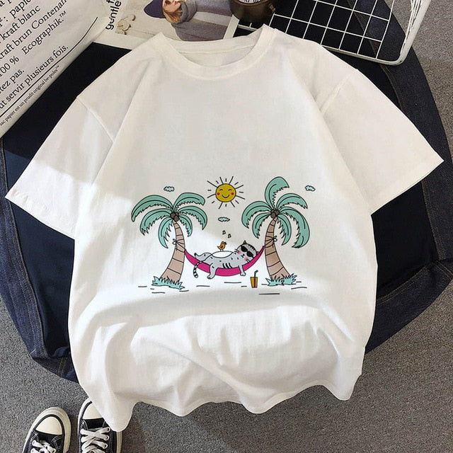 Kawaii Fat cat t shirt women 2019 New summer cute fashion Short Sleeve t-shirt White Thin section Hipster Tshirt Tops clothing