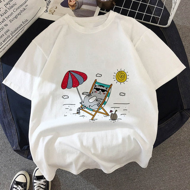 Kawaii Fat cat t shirt women 2019 New summer cute fashion Short Sleeve t-shirt White Thin section Hipster Tshirt Tops clothing