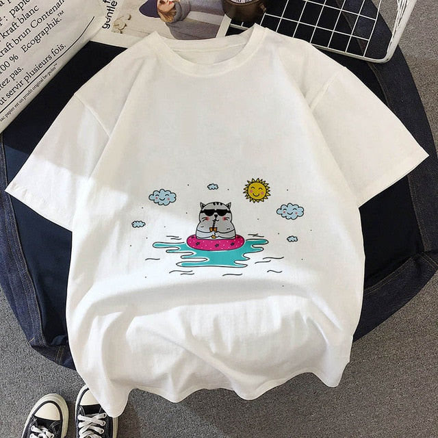 Kawaii Fat cat t shirt women 2019 New summer cute fashion Short Sleeve t-shirt White Thin section Hipster Tshirt Tops clothing