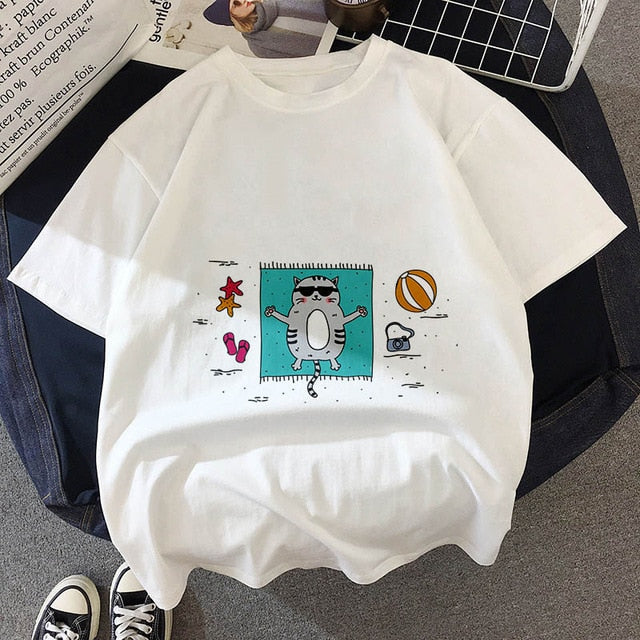 Kawaii Fat cat t shirt women 2019 New summer cute fashion Short Sleeve t-shirt White Thin section Hipster Tshirt Tops clothing