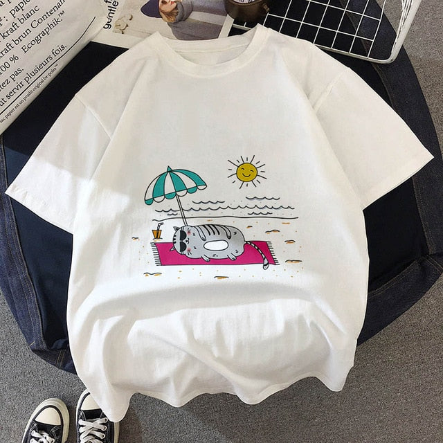 Kawaii Fat cat t shirt women 2019 New summer cute fashion Short Sleeve t-shirt White Thin section Hipster Tshirt Tops clothing