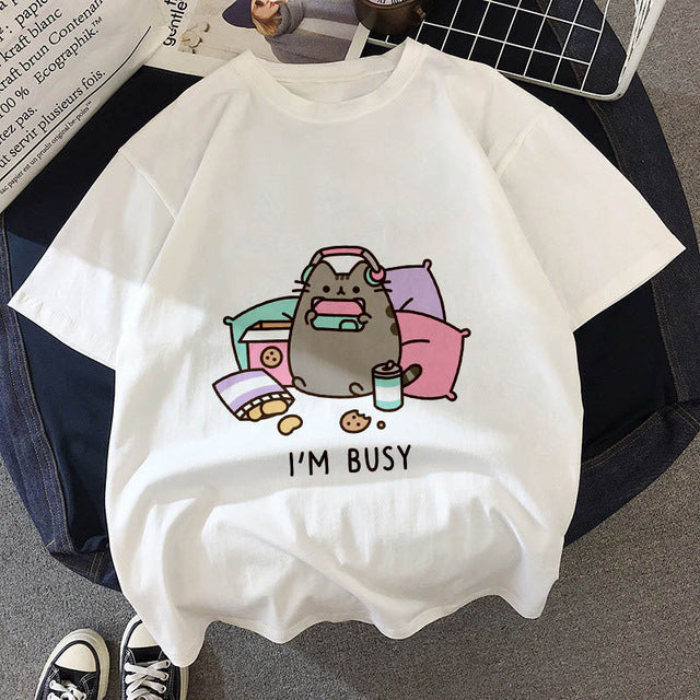 Kawaii Fat cat t shirt women 2019 New summer cute fashion Short Sleeve t-shirt White Thin section Hipster Tshirt Tops clothing
