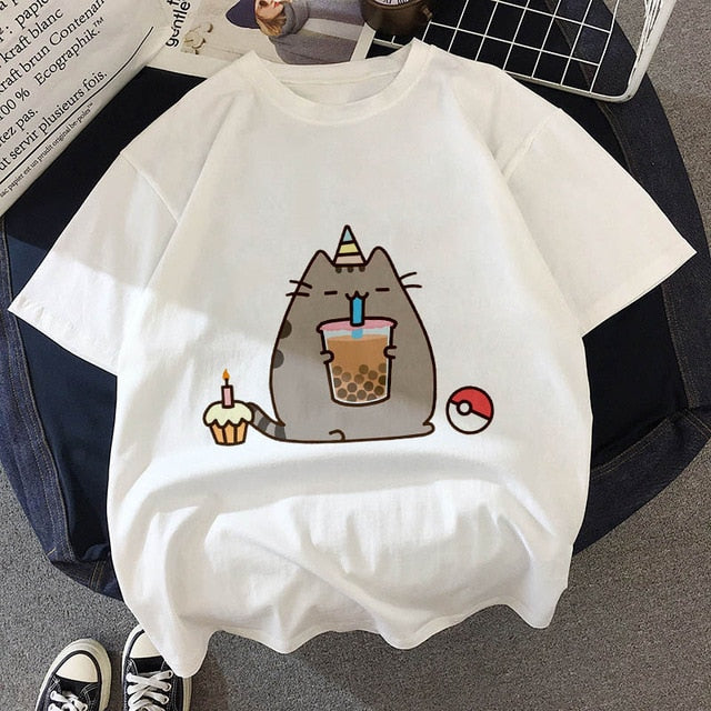 Kawaii Fat cat t shirt women 2019 New summer cute fashion Short Sleeve t-shirt White Thin section Hipster Tshirt Tops clothing